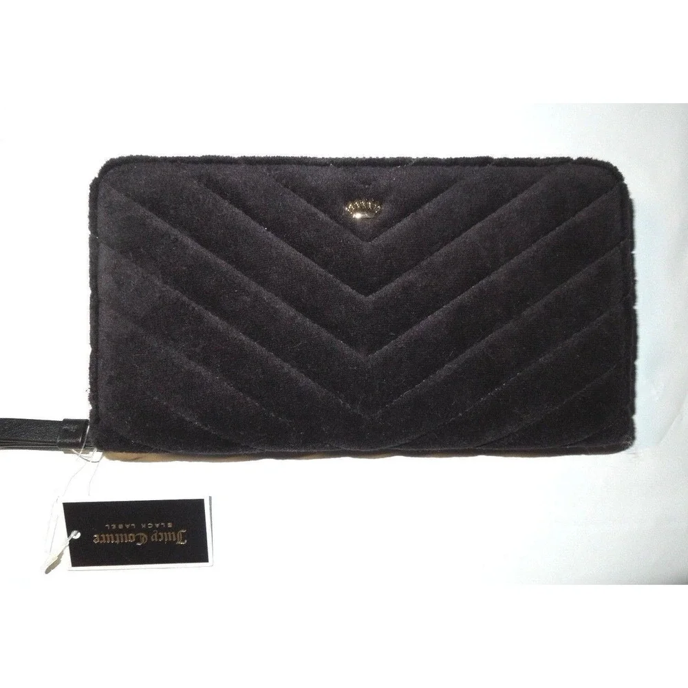 Juicy Couture Black Label Black‎ zip around crown quilted Velour Wallet rt $228